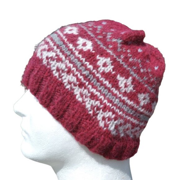 Handmade Other - Men's Alpaca Fair Isle Wool Beanie Hat Hand Knit Red Winter Nordic Women's